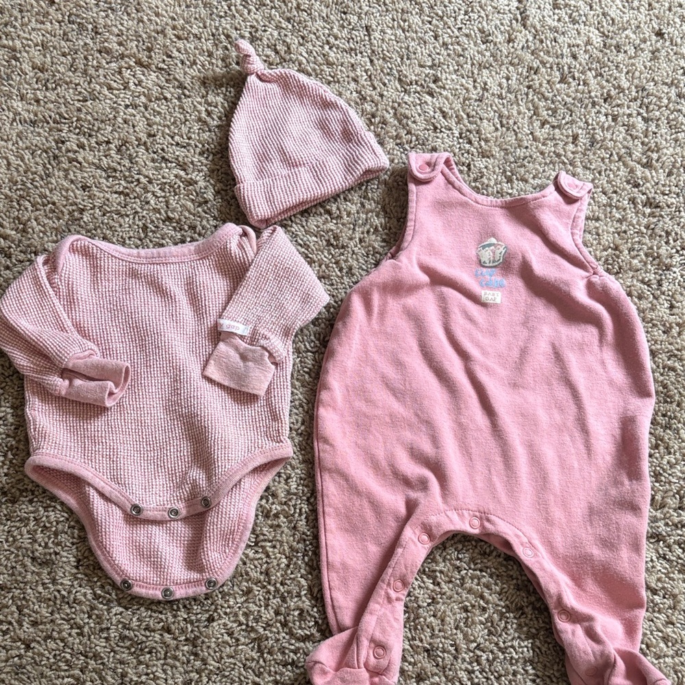 GAP Pink Baby Bodysuit, Overalls and Hat Set